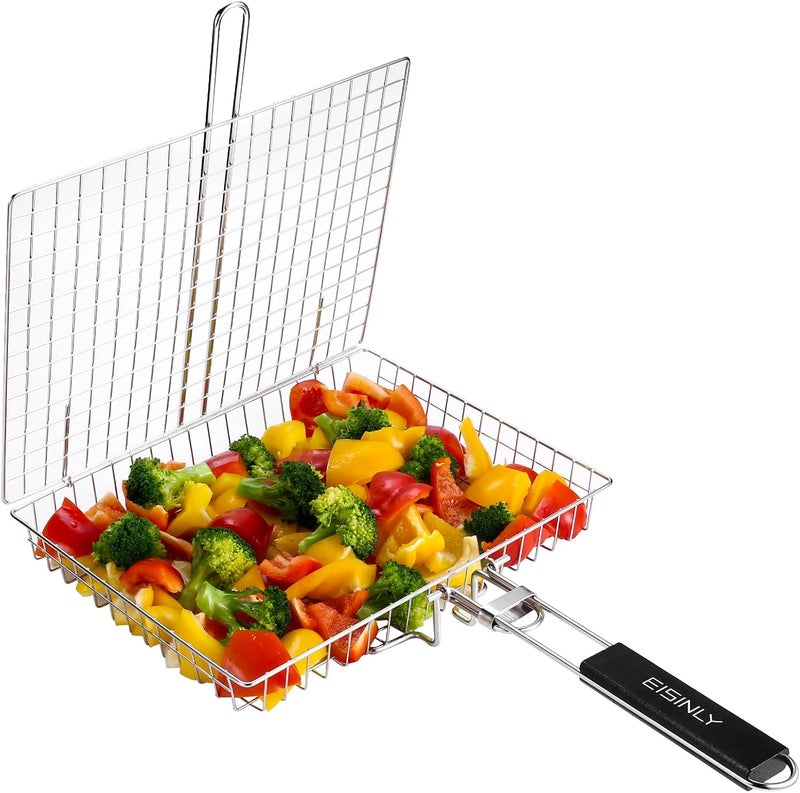 Eisinly Portable Grill Basket, BBQ Grilling Basket for Outdoor Grill with Removable Handle, Stainless Steel Camping Cooking Grill Accessories for Chicken Fish Vegetable - Image 1